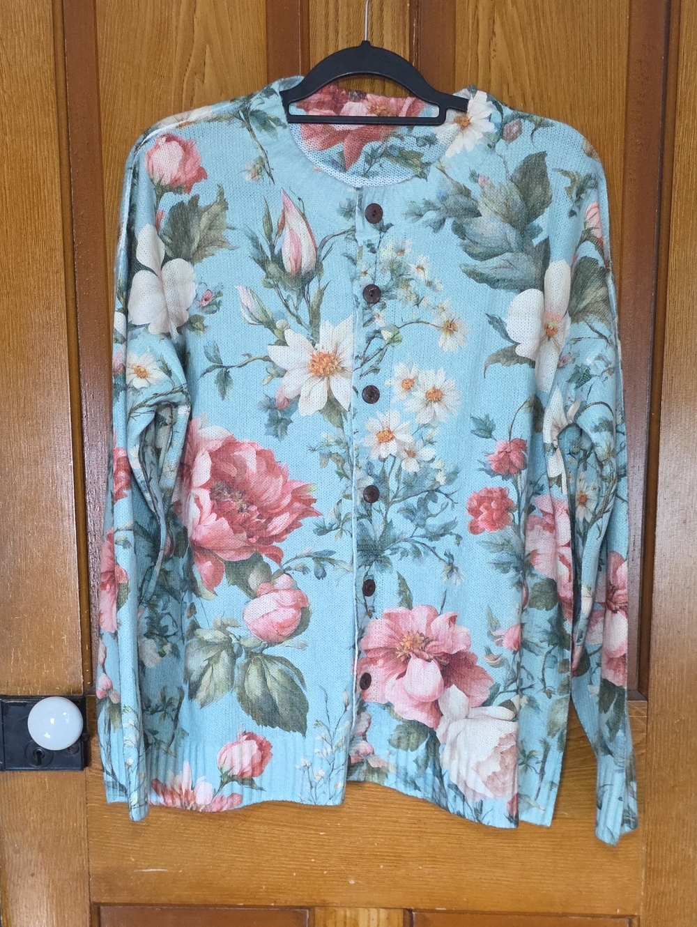 Floral Button-Front Women's Sweater Cardigan - Light Blue